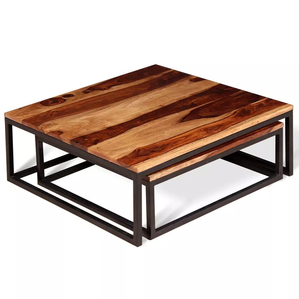 Solid Sheesham Wood Nesting Coffee Table Set with Metal Frame Y298963