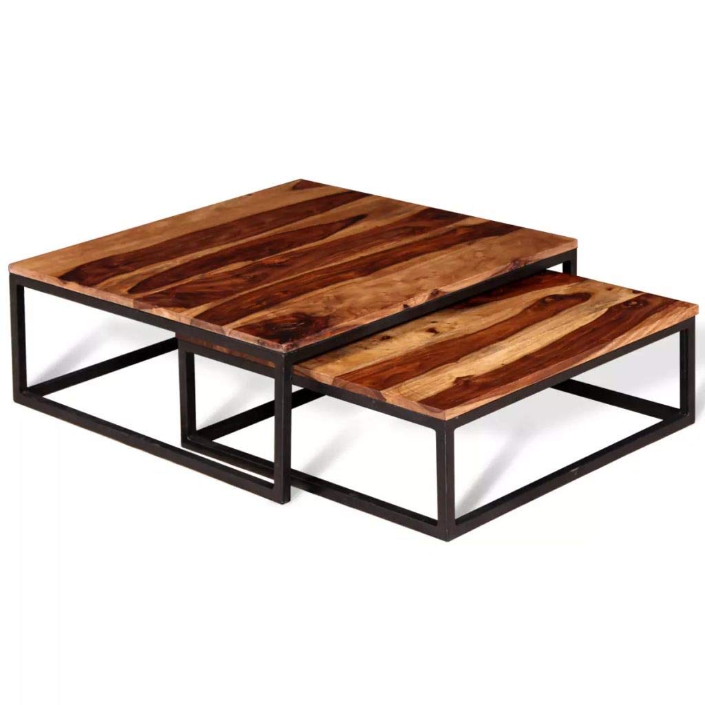 Solid Sheesham Wood Nesting Coffee Table Set with Metal Frame Y298963