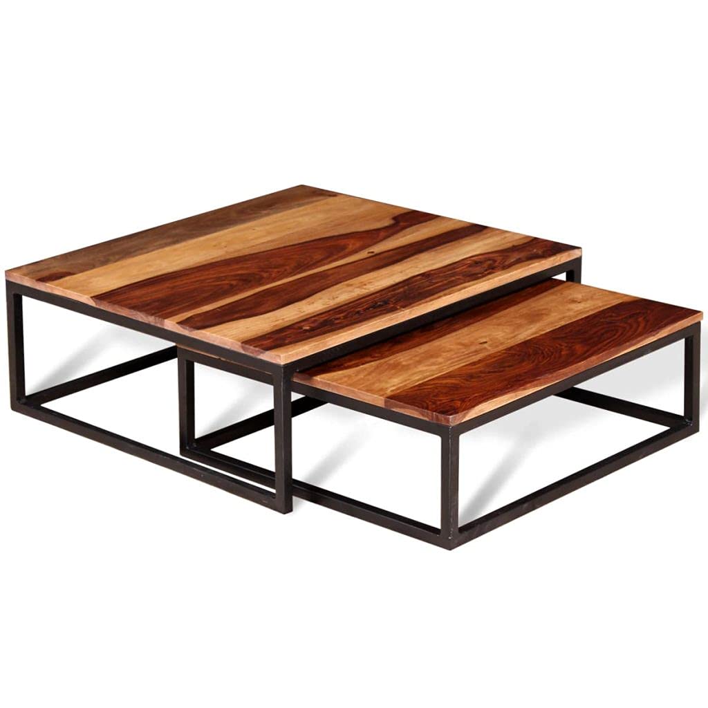 Solid Sheesham Wood Nesting Coffee Table Set with Metal Frame Y298963