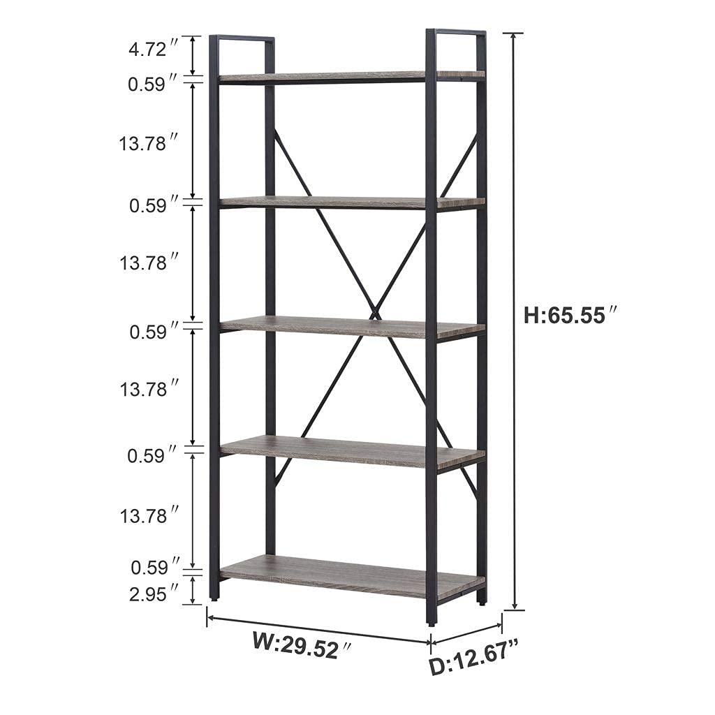 5 Tier Grey Wood and Metal Bookshelf N512
