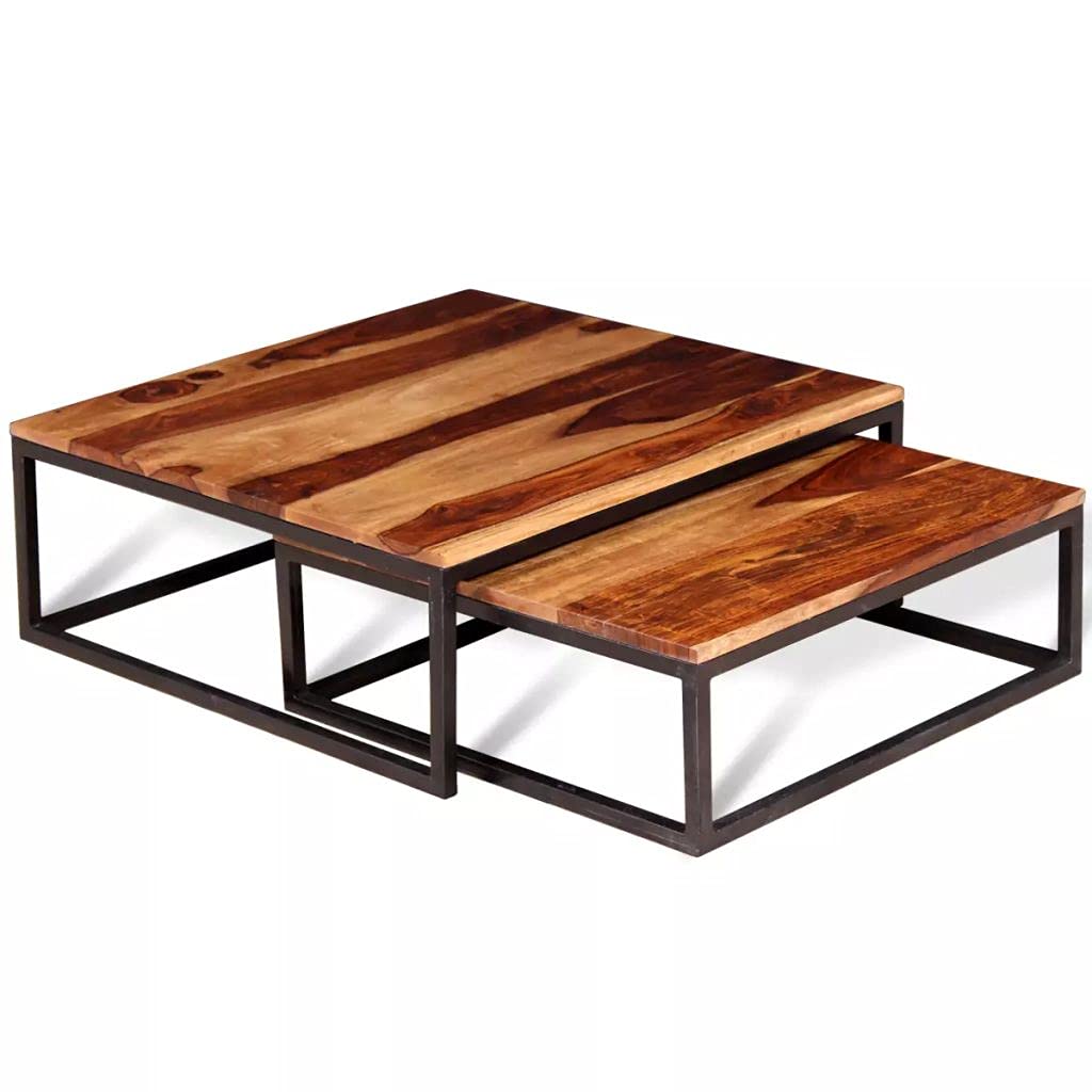Solid Sheesham Wood Nesting Coffee Table Set with Metal Frame Y298963