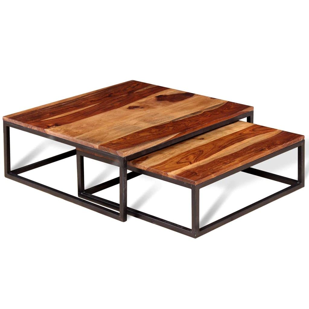 Solid Sheesham Wood Nesting Coffee Table Set with Metal Frame Y298963