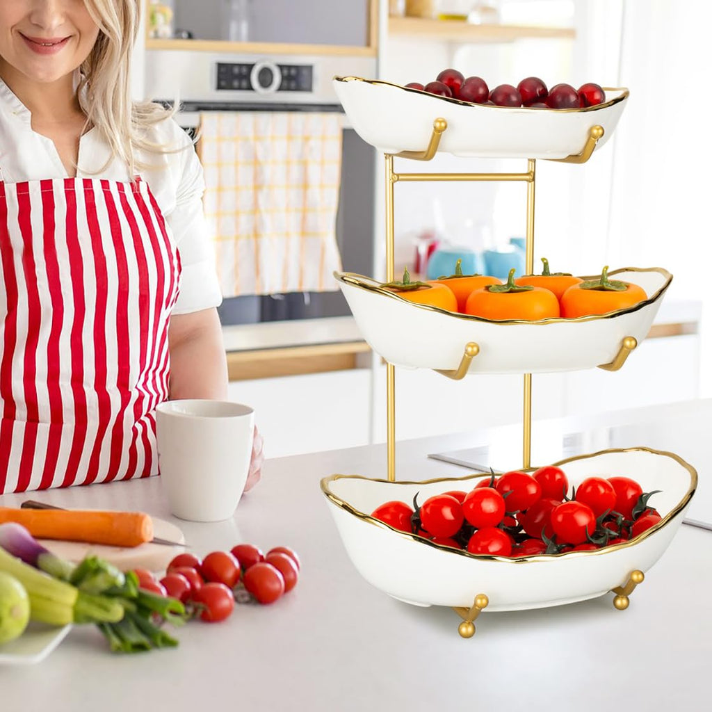 White Ceramic 3 Tier Fruit Bowl with Metal Stand A4852