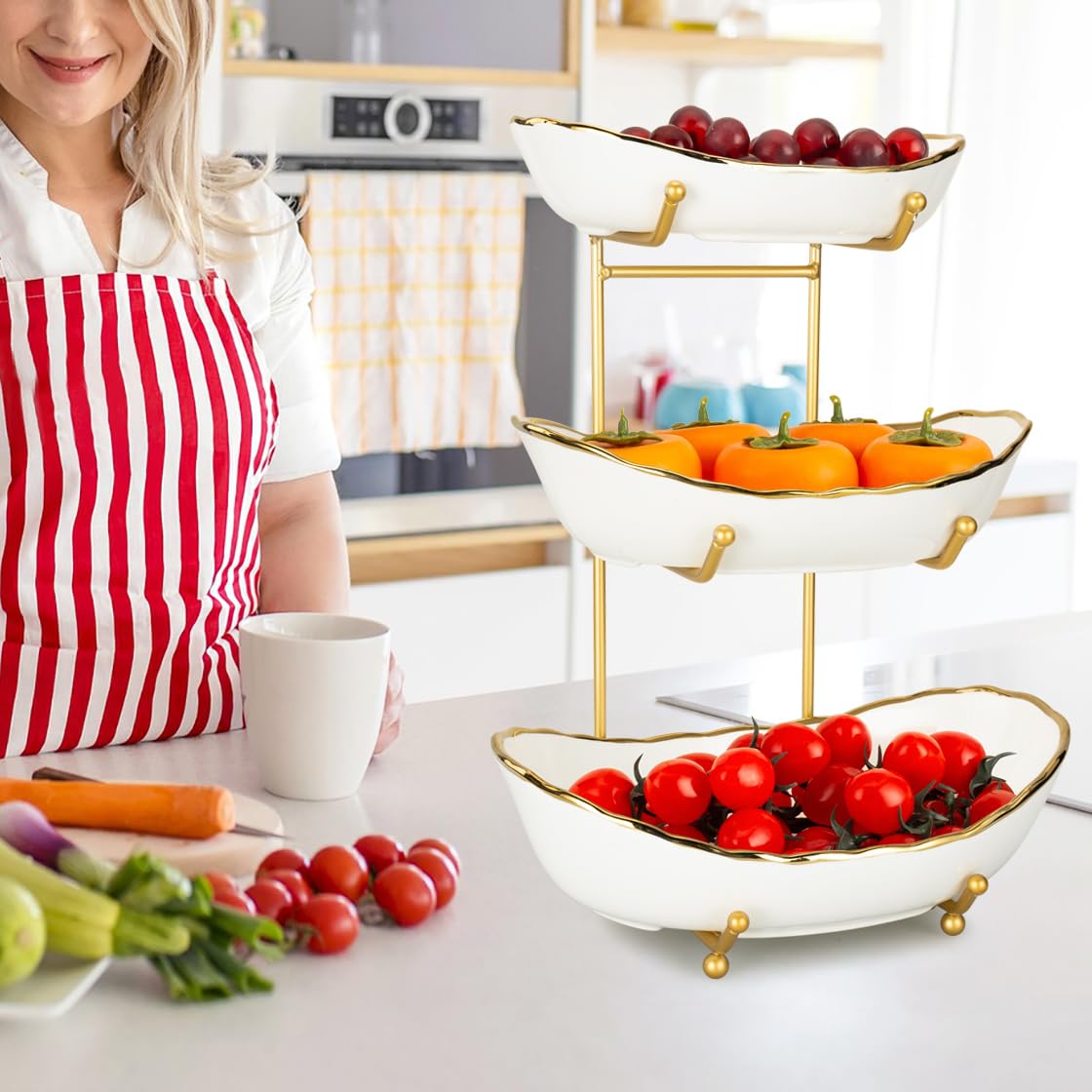 White Ceramic 3 Tier Fruit Bowl with Metal Stand A4852