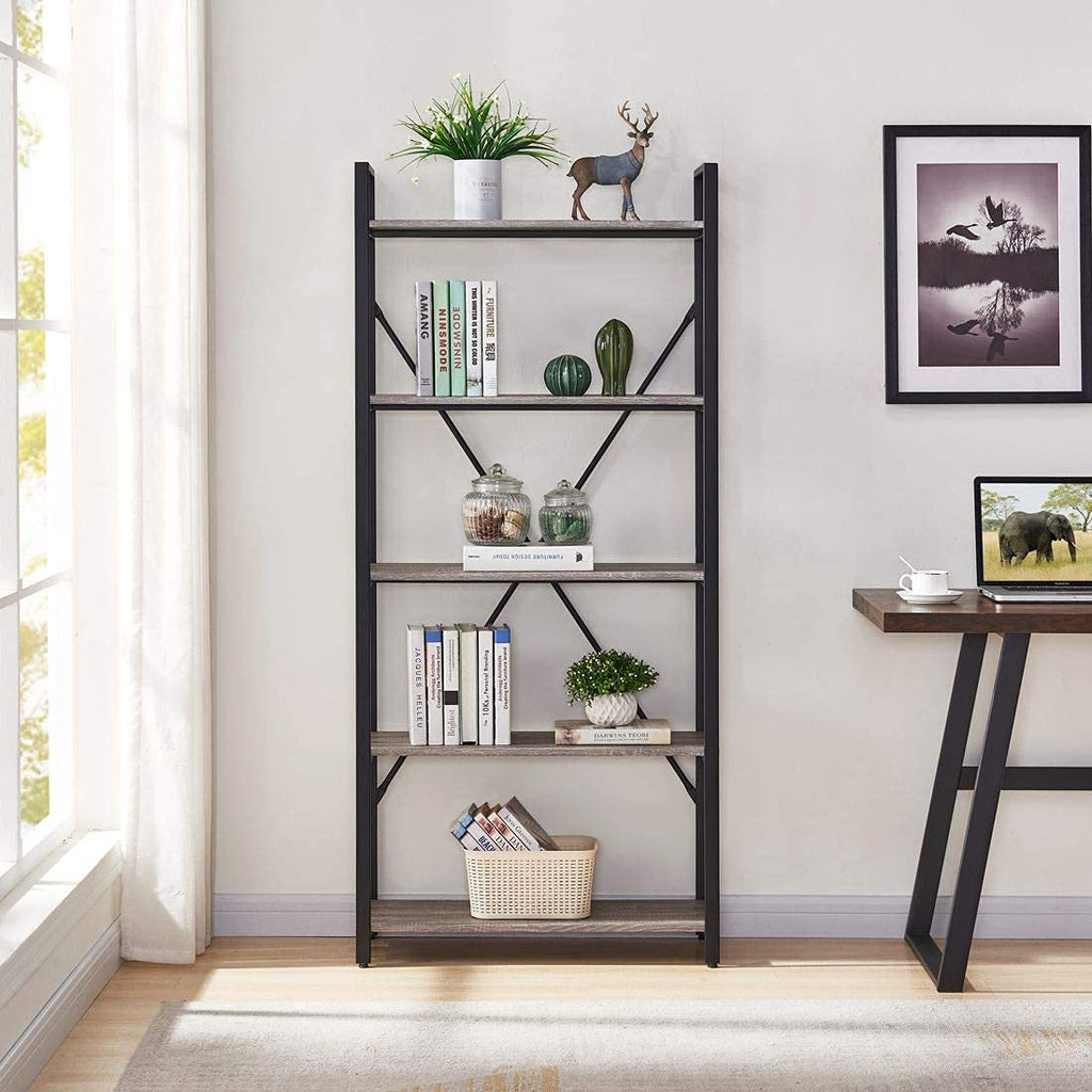 5 Tier Grey Wood and Metal Bookshelf N512
