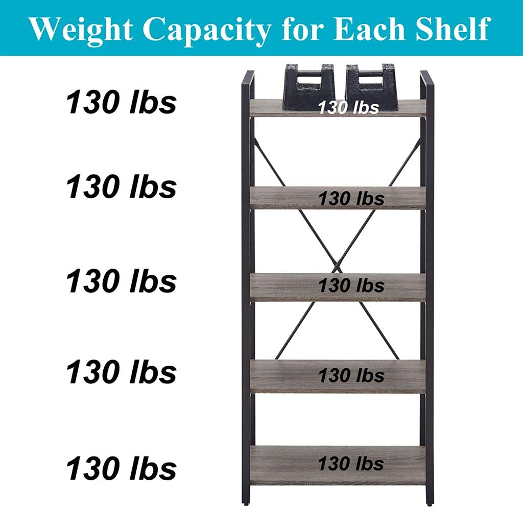 5 Tier Grey Wood and Metal Bookshelf N512