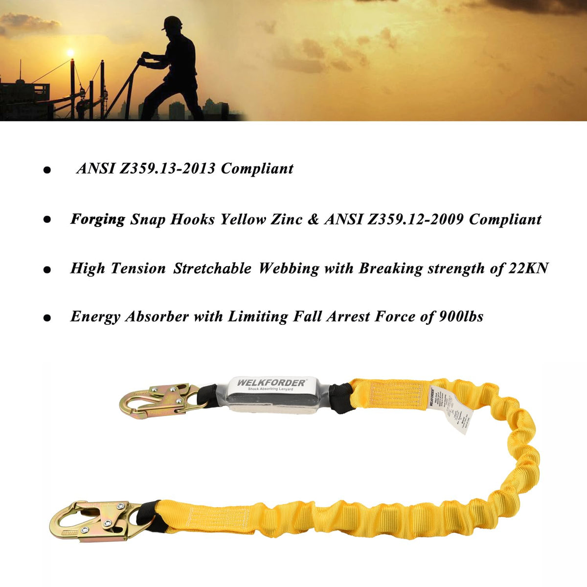 6-Foot Stretchable Safety Lanyard with Double Snap Hook O27634