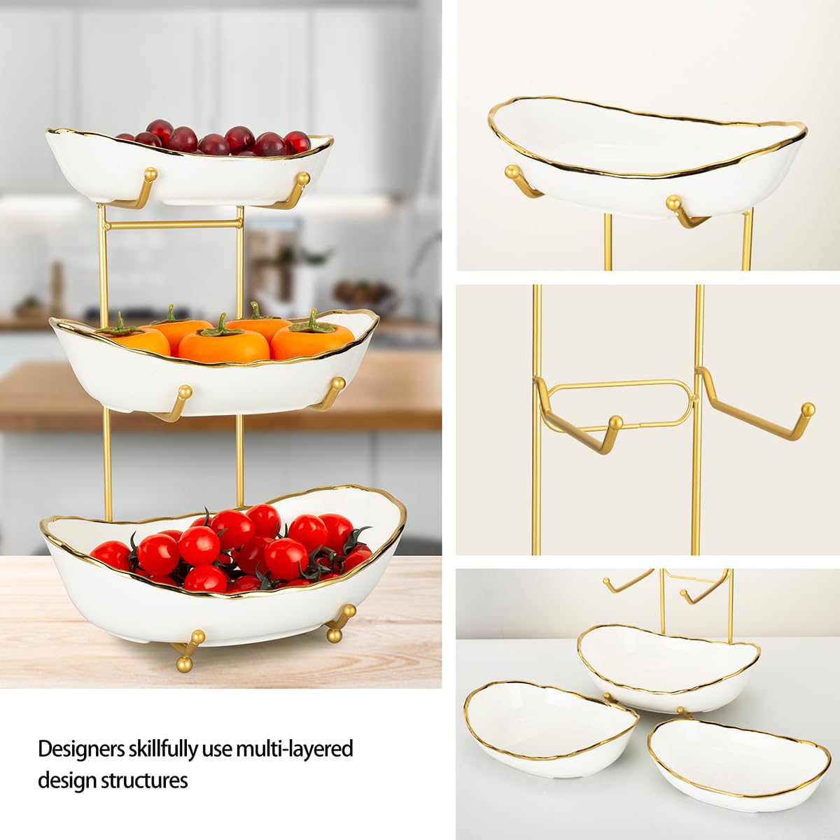 White Ceramic 3 Tier Fruit Bowl with Metal Stand A4852