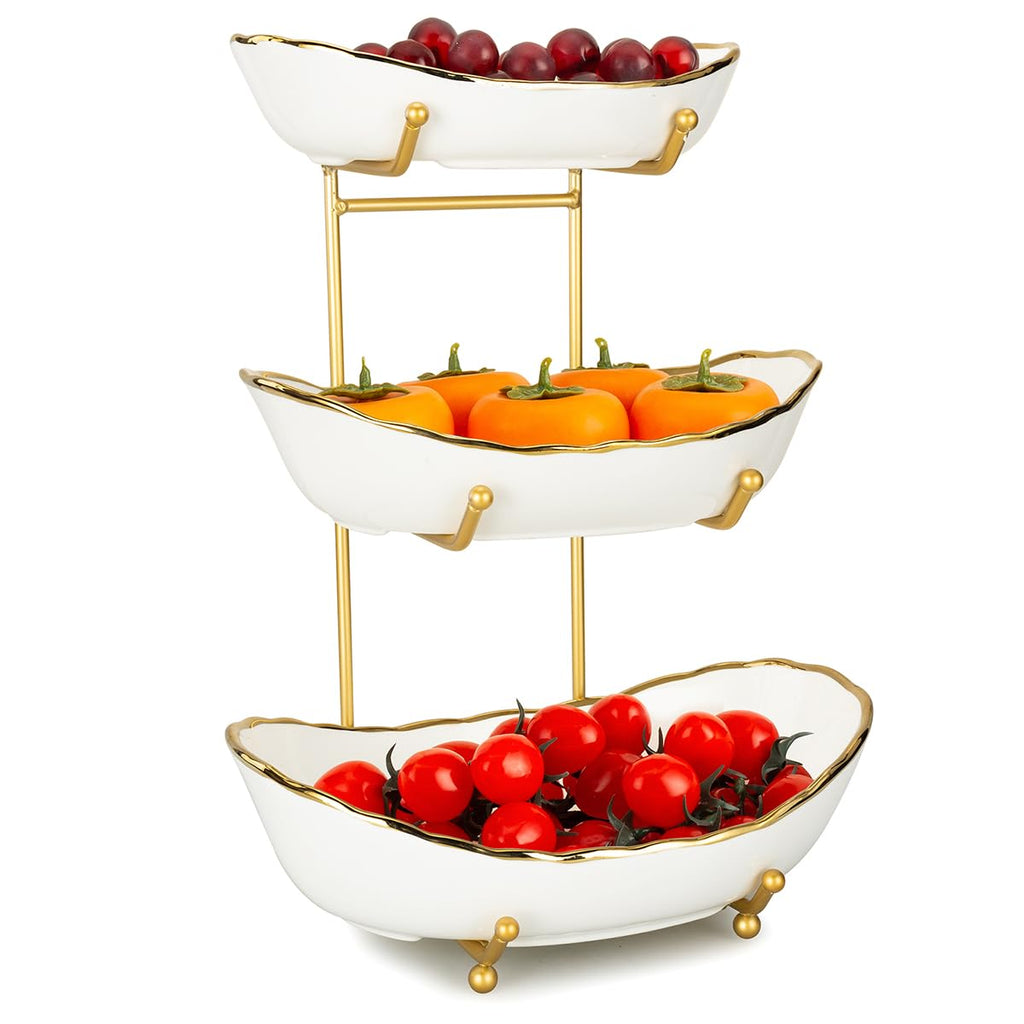 White Ceramic 3 Tier Fruit Bowl with Metal Stand A4852