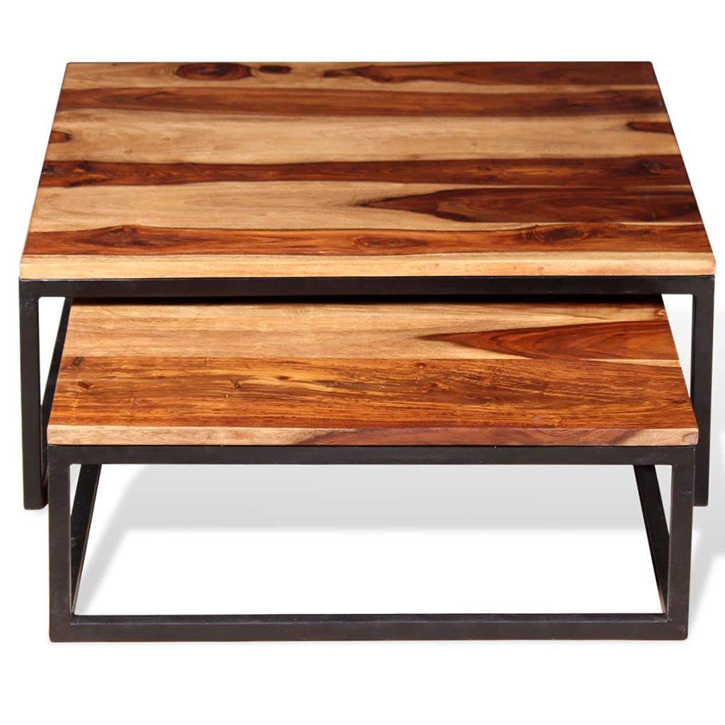 Solid Sheesham Wood Nesting Coffee Table Set with Metal Frame Y298963