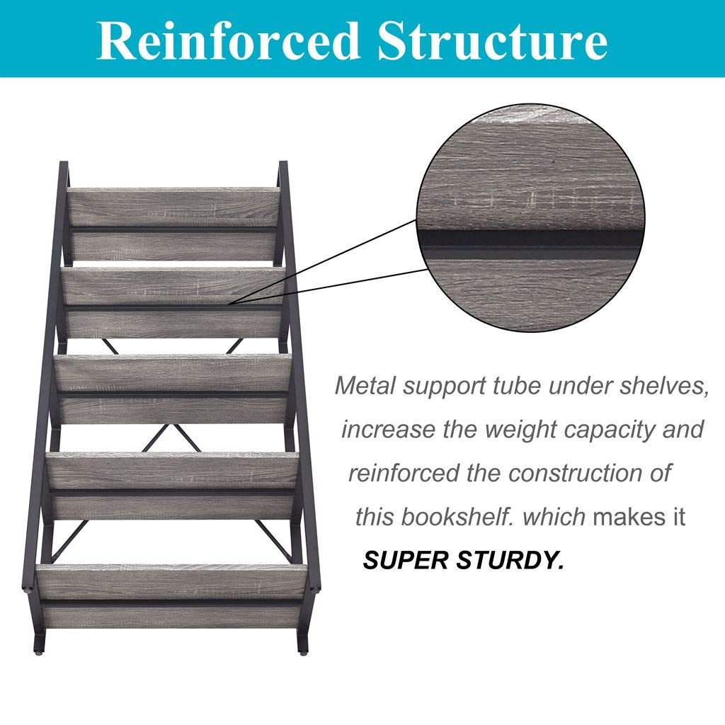 5 Tier Grey Wood and Metal Bookshelf N512