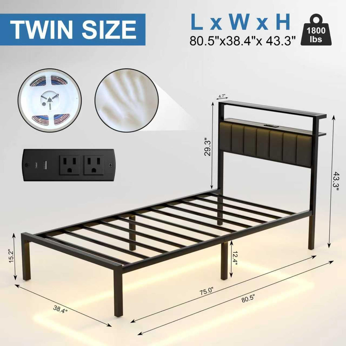 Black Twin Size Platform Bed Frame with Charging Station and LED Lights V704