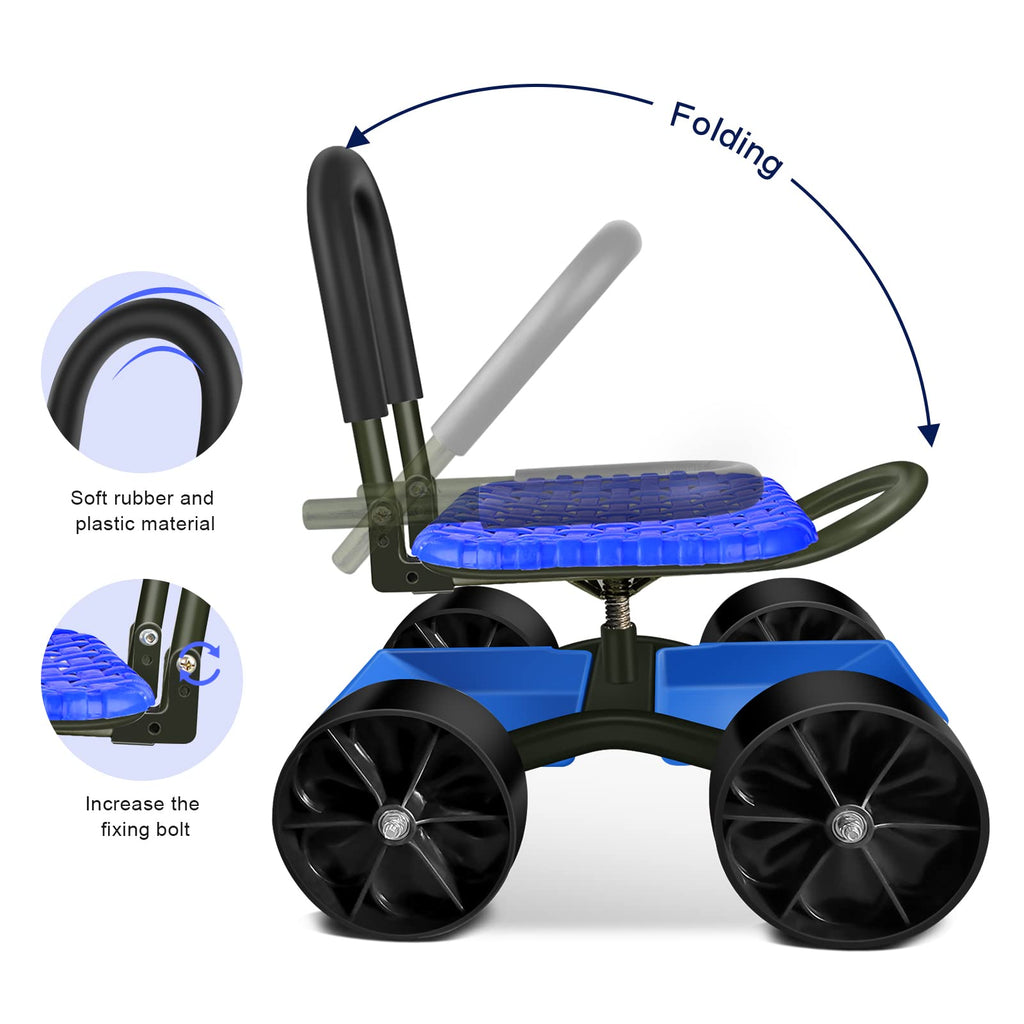 Blue Rolling Garden Cart with Four Wheels and Tool Bag E9801