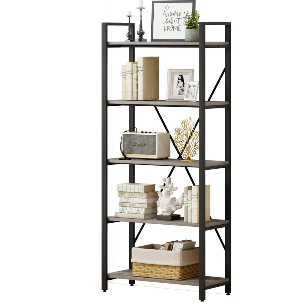 5 Tier Grey Wood and Metal Bookshelf N512