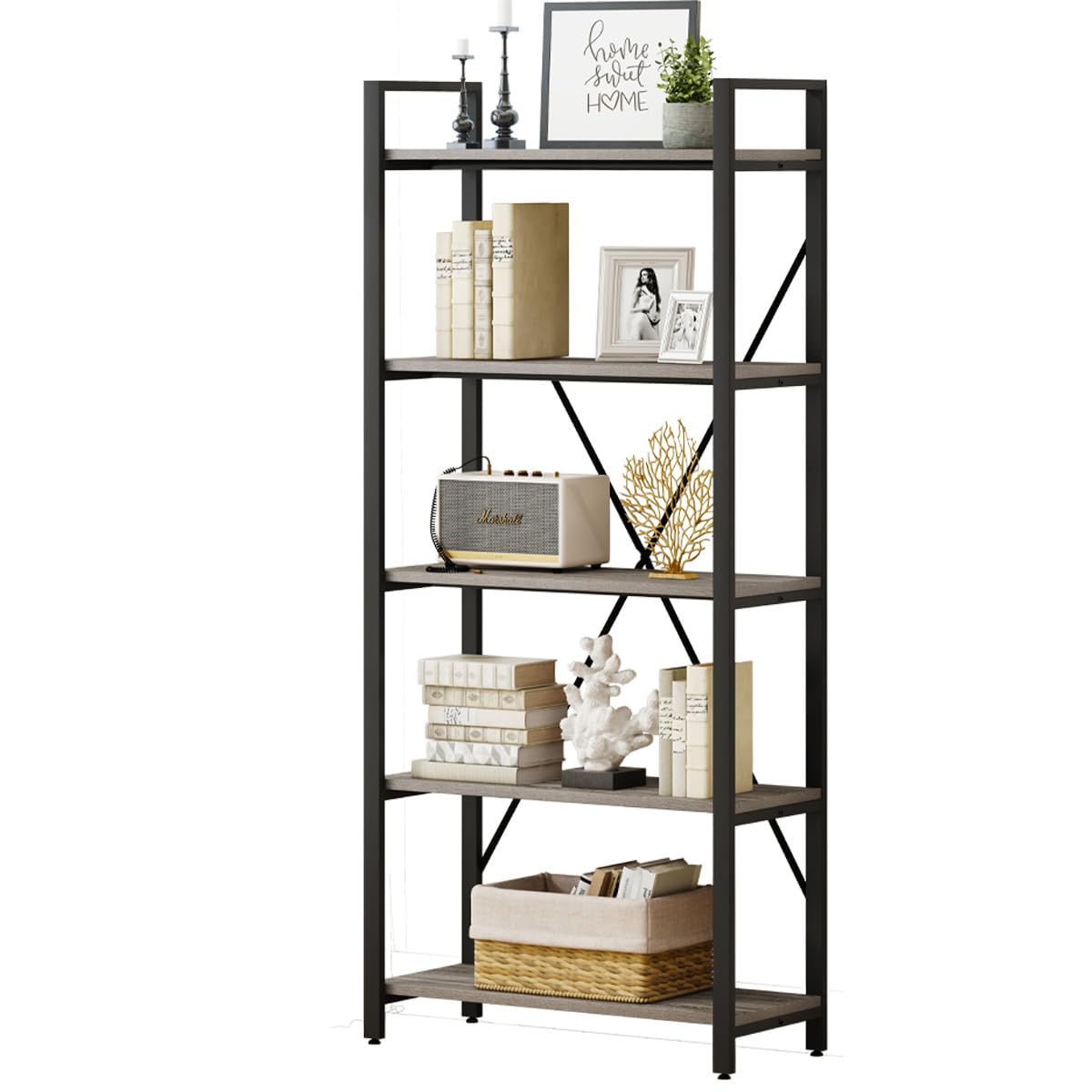 5 Tier Grey Wood and Metal Bookshelf N512