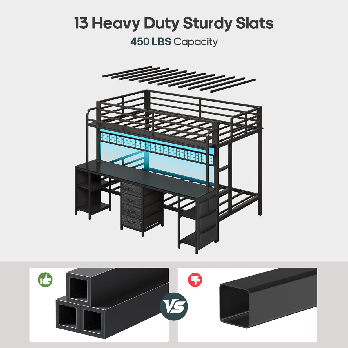 Twin Over Twin Bunk Bed with Desk and LED Lights A838177