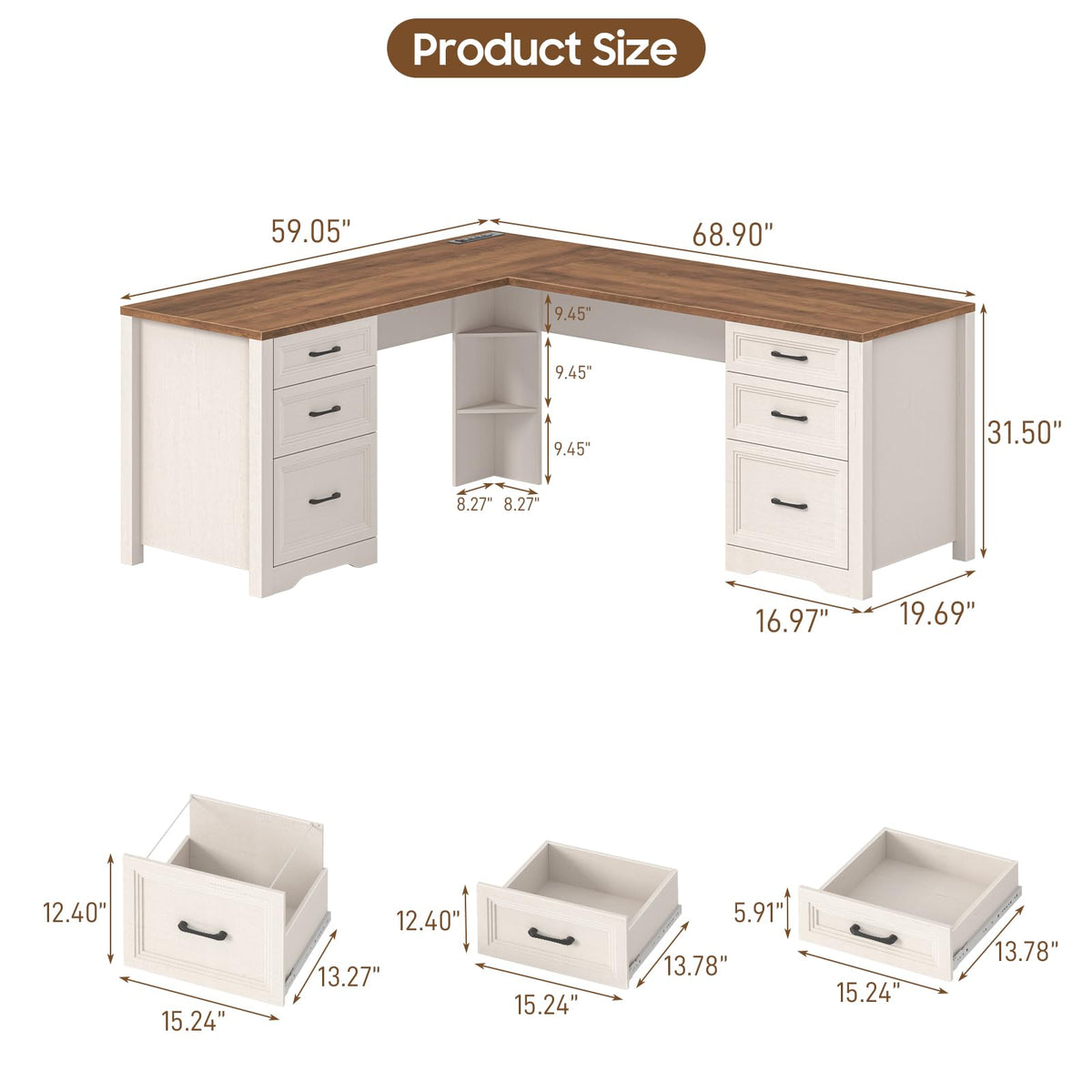 Brown L Shaped Executive Desk with 6 Drawers R46501
