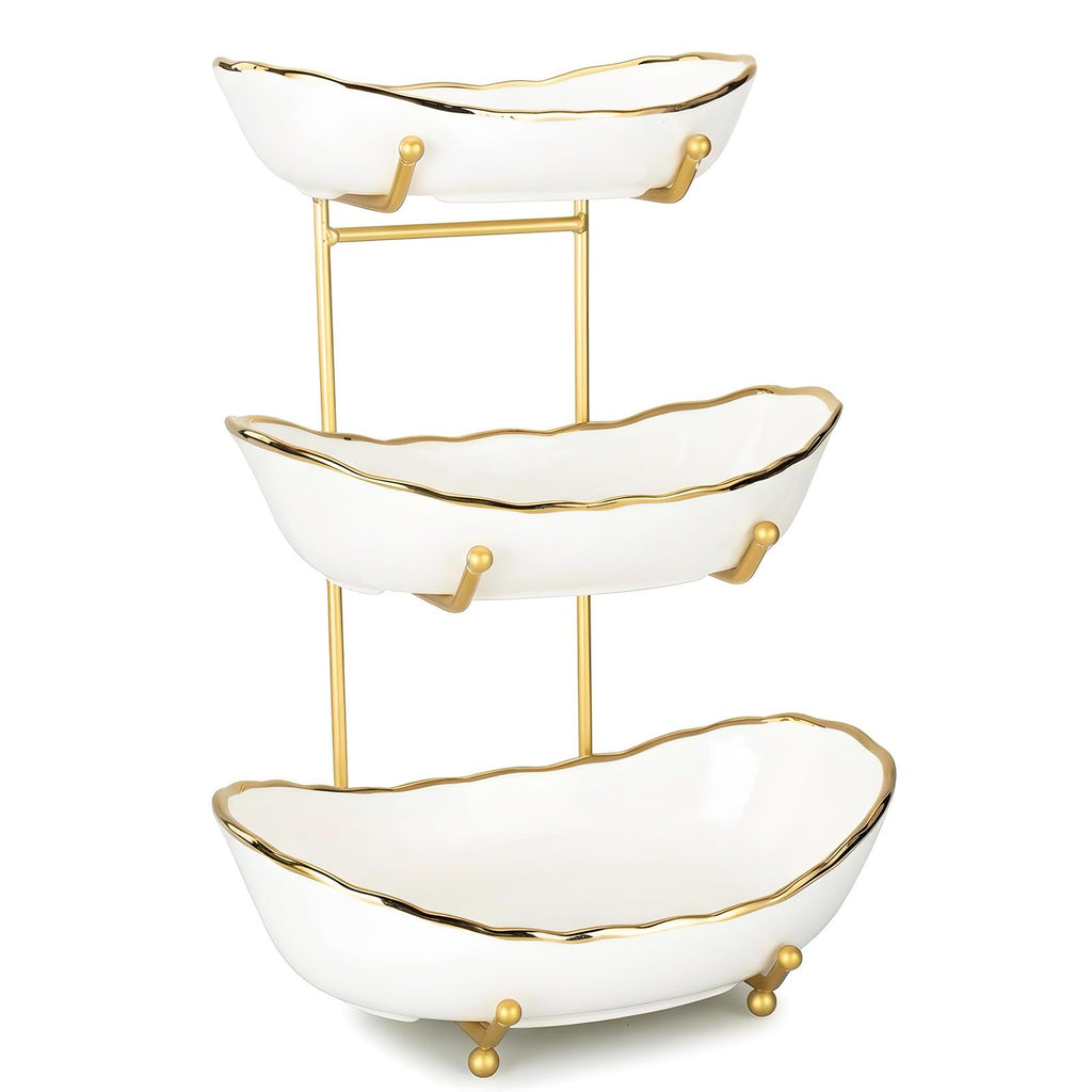 White Ceramic 3 Tier Fruit Bowl with Metal Stand A4852
