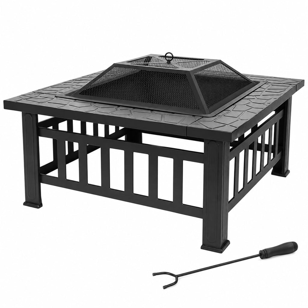 32 Inch Square Metal Wood Burning Fire Pit with Spark Screen and Poker U434046