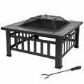 32 Inch Square Metal Wood Burning Fire Pit with Spark Screen and Poker U434046