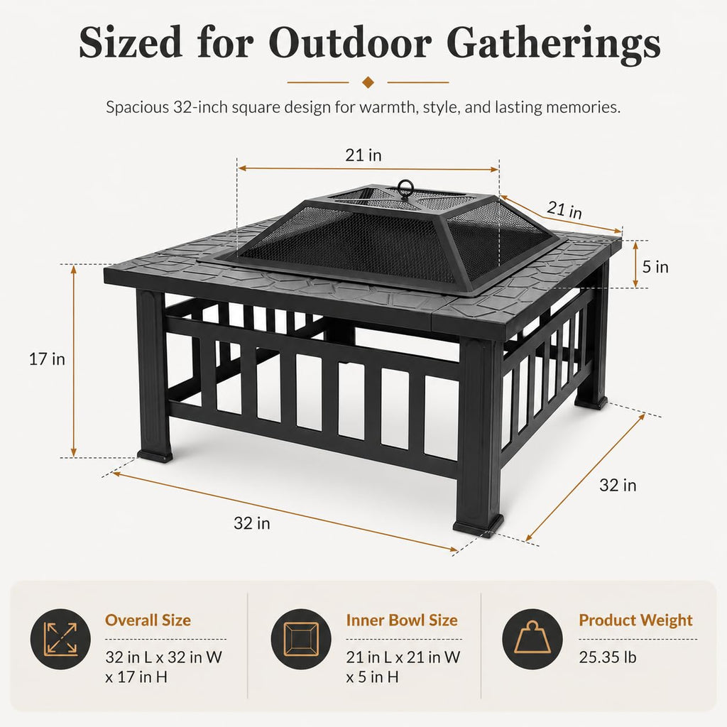 32 Inch Square Metal Wood Burning Fire Pit with Spark Screen and Poker U434046