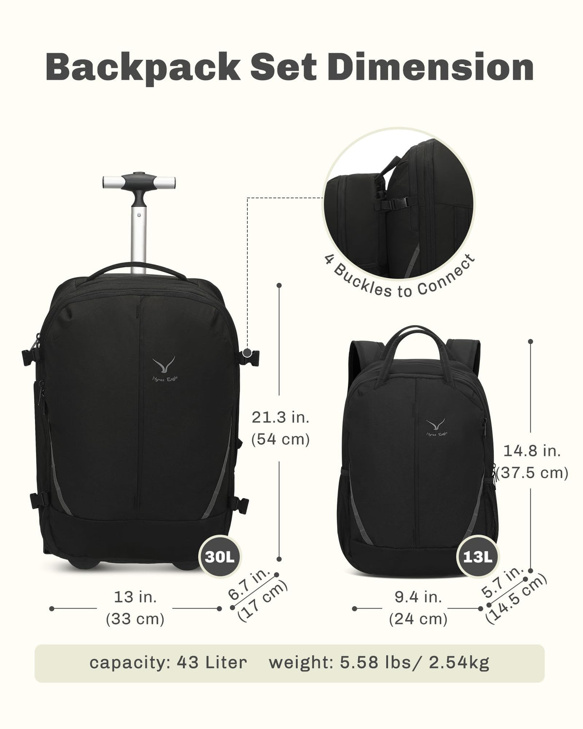 Rolling Backpack with Wheels 43L 17 inches Laptop Jet Black 6PC Packing Cubes U827108