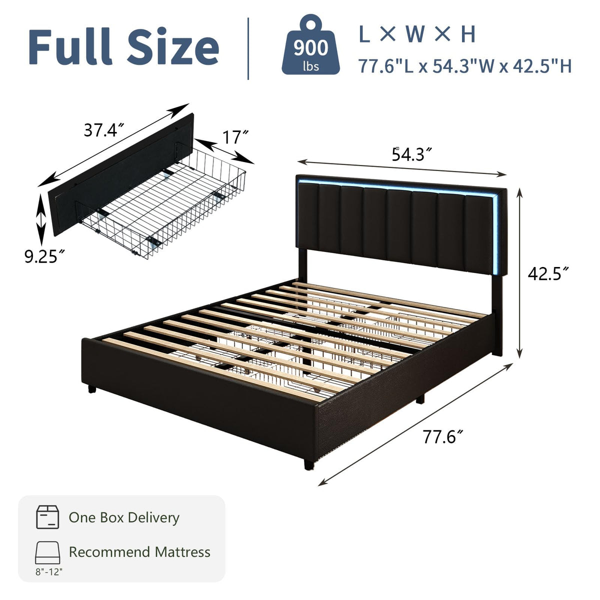 Black Full Size Upholstered Bed Frame with 4 Drawers and LED Lights Q54159