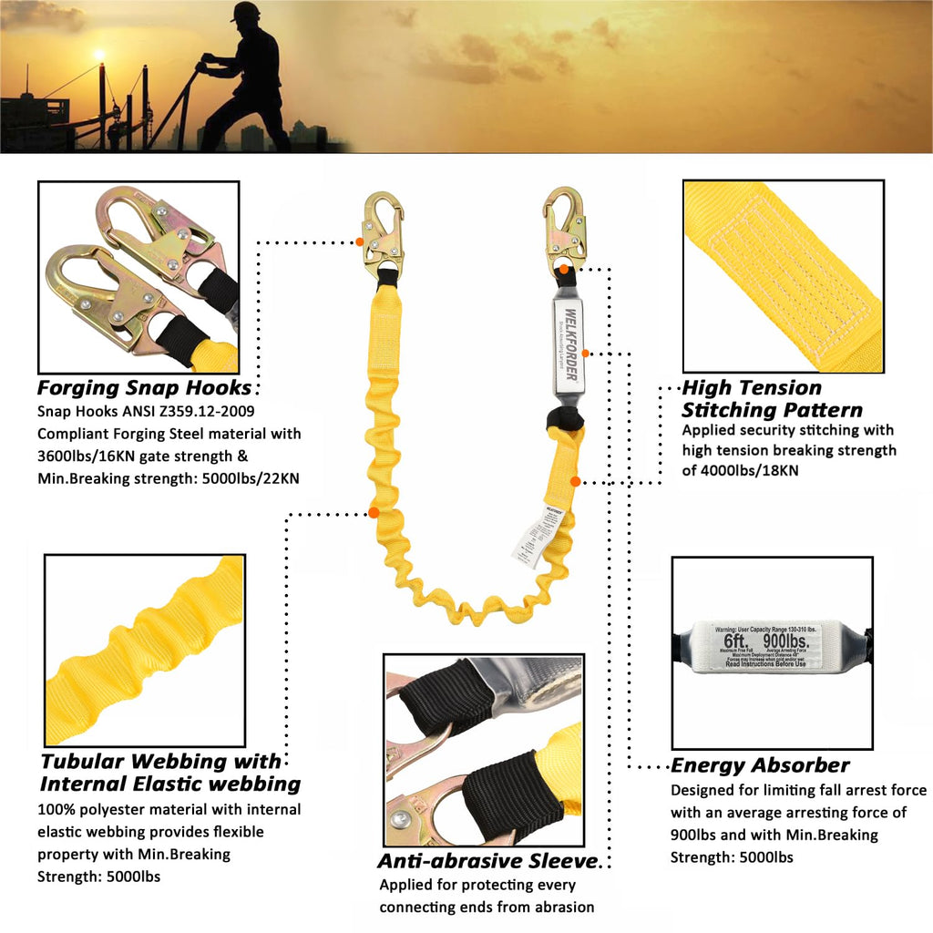 6-Foot Stretchable Safety Lanyard with Double Snap Hook O27634