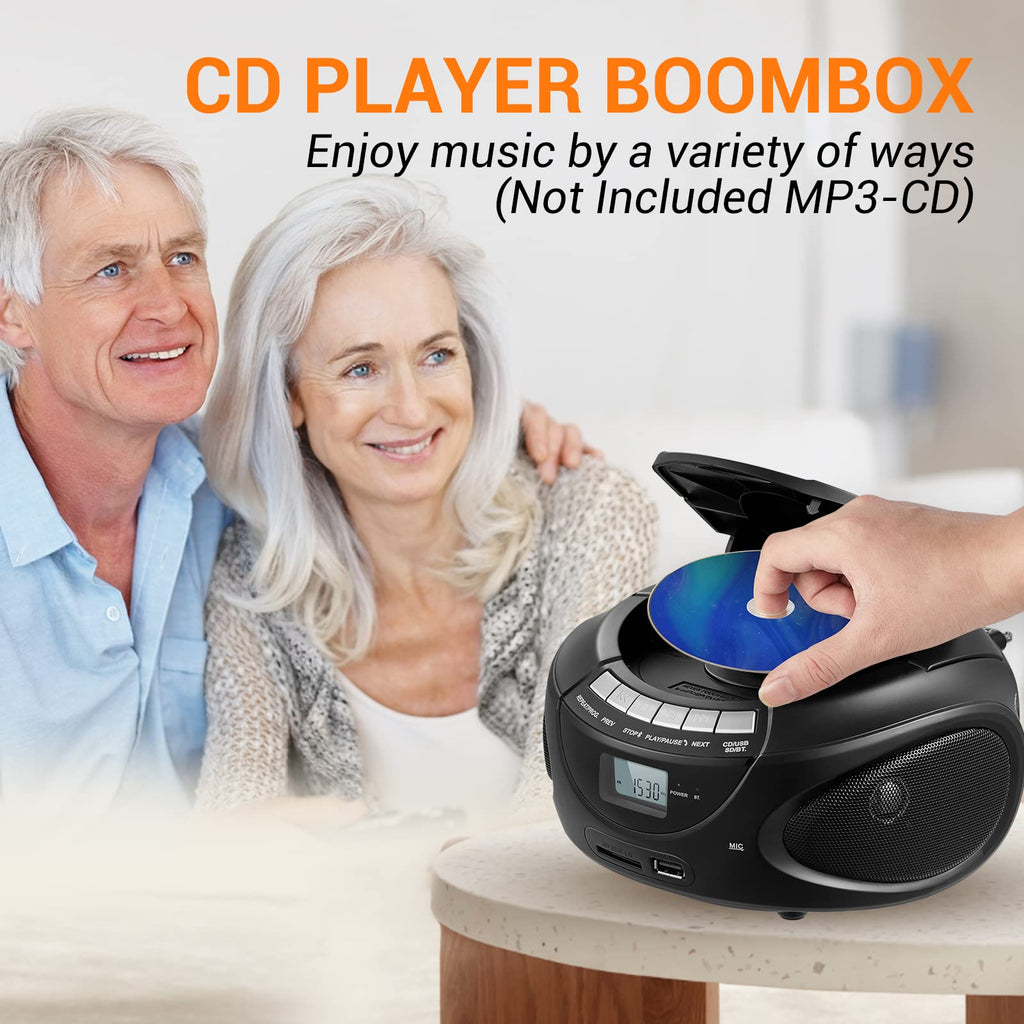 Portable CD Boombox with AM/FM Radio, Bluetooth, USB, SD Card, LCD Display, Black D933148