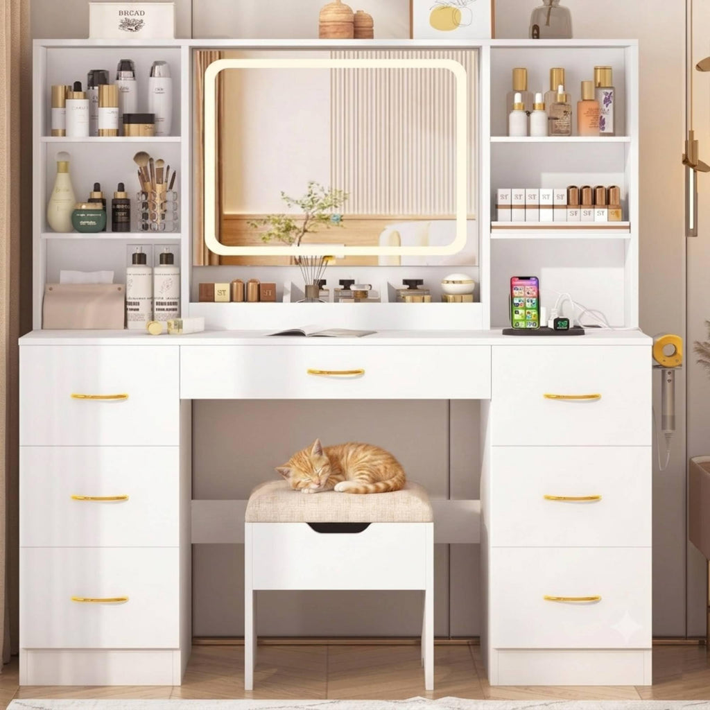 White 47" Makeup Vanity Desk with LED Mirror, Stool & 7 Drawers O321547