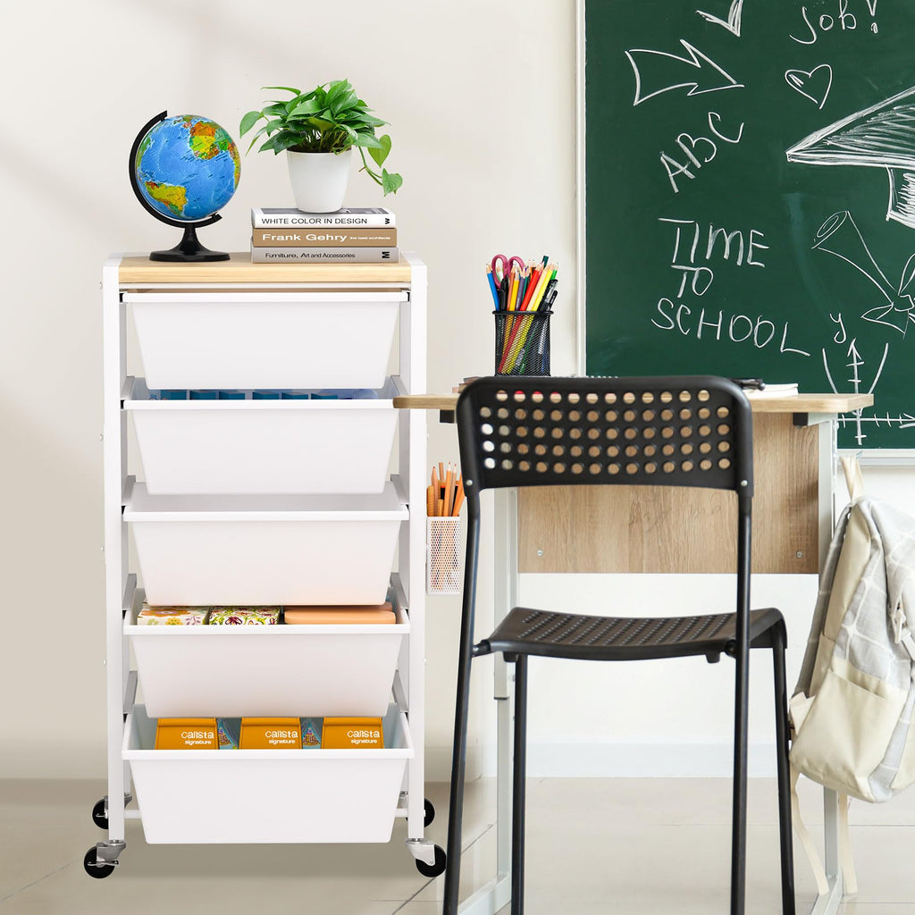 Rolling Storage Cart with 5 Plastic Drawers and Wooden Tabletop Z9368