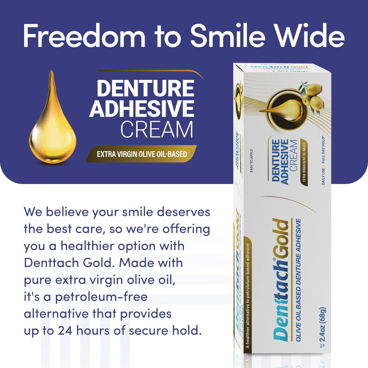 Gold Olive Oil Based Denture Adhesive Cream, Zinc Free, 2.4 Ounce D67597