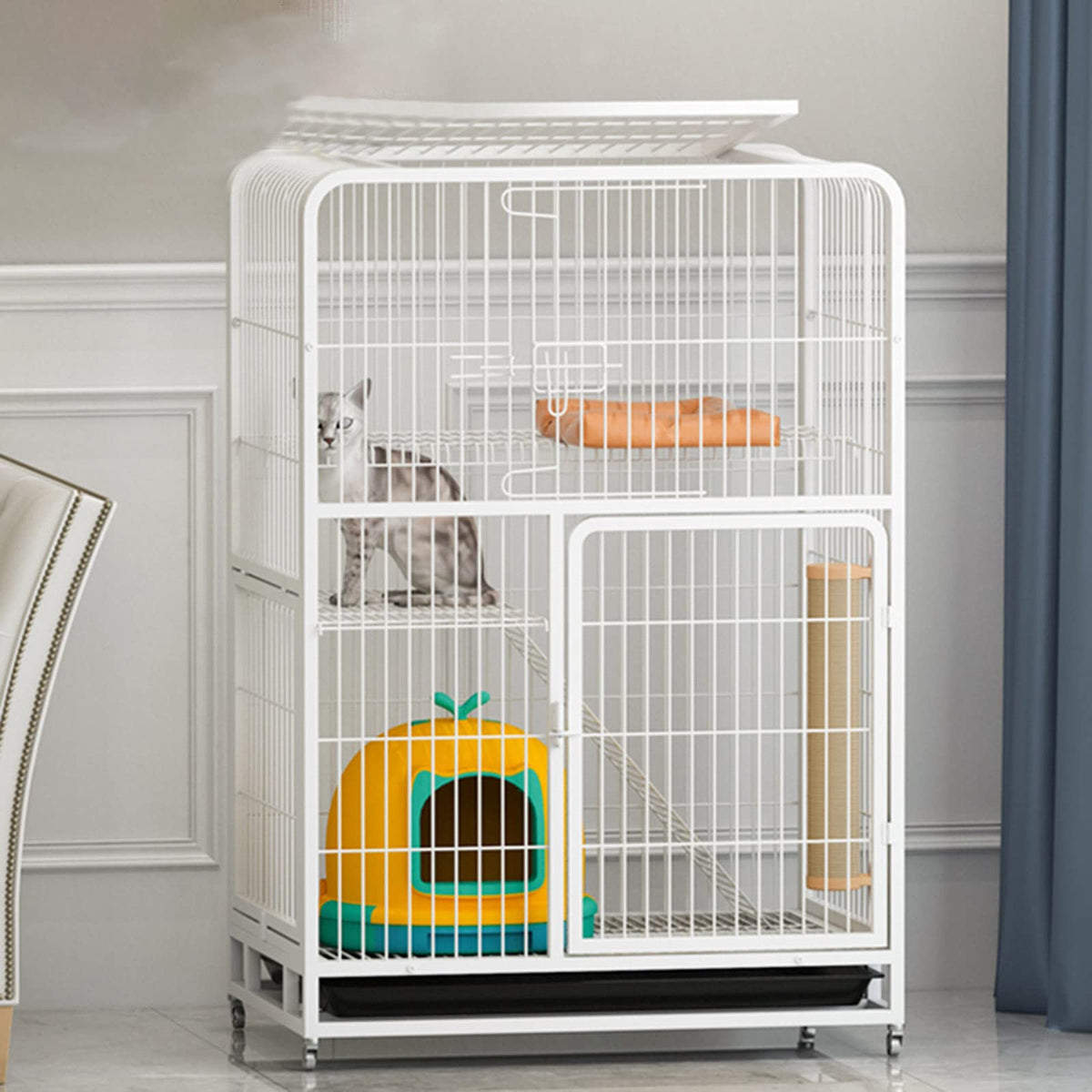 3-Tier Metal Wire Cat Cage with Hammock and Casters G17871