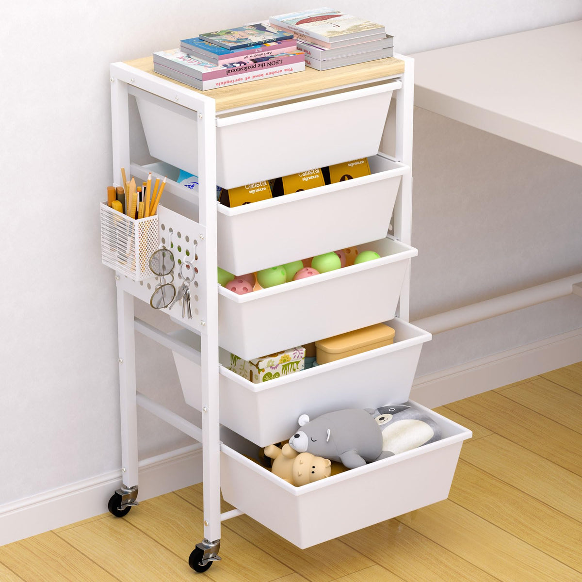 Rolling Storage Cart with 5 Plastic Drawers and Wooden Tabletop Z9368