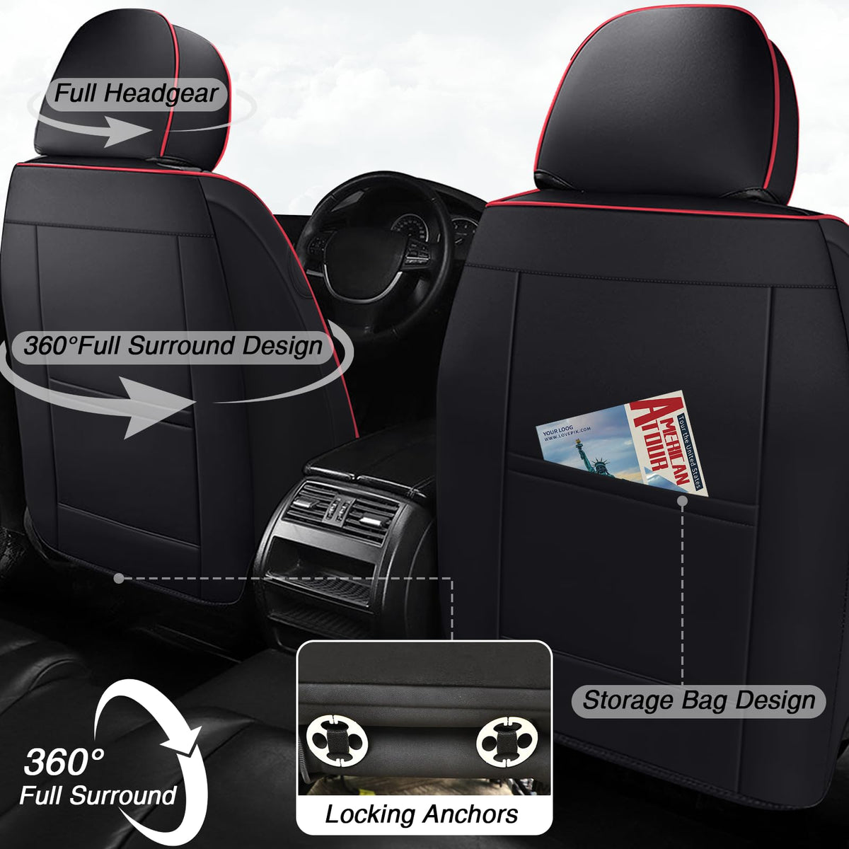Black-Red Leather Car Seat Covers Full Set M59788