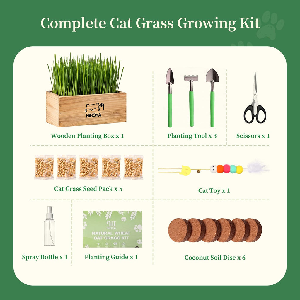 Cat Grass Kit with 5 Packets of Seeds, Wooden Planter, 6 Soil Discs, Trimming Scissors, Spray Bottle, and Mini Tools S51887
