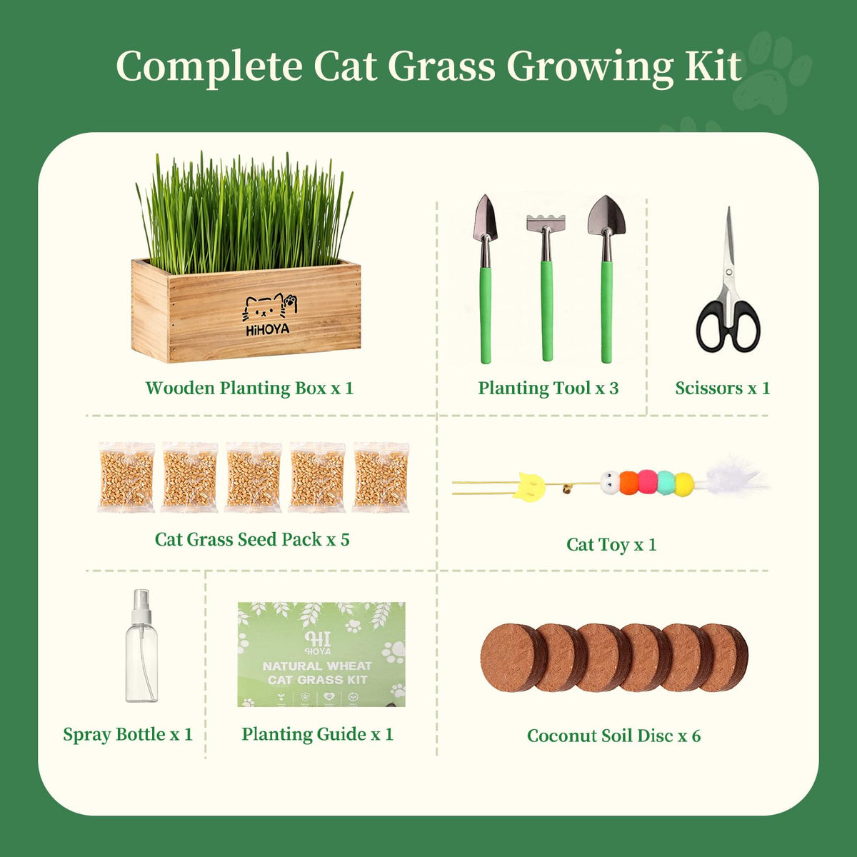 Cat Grass Kit with 5 Packets of Seeds, Wooden Planter, 6 Soil Discs, Trimming Scissors, Spray Bottle, and Mini Tools S51887