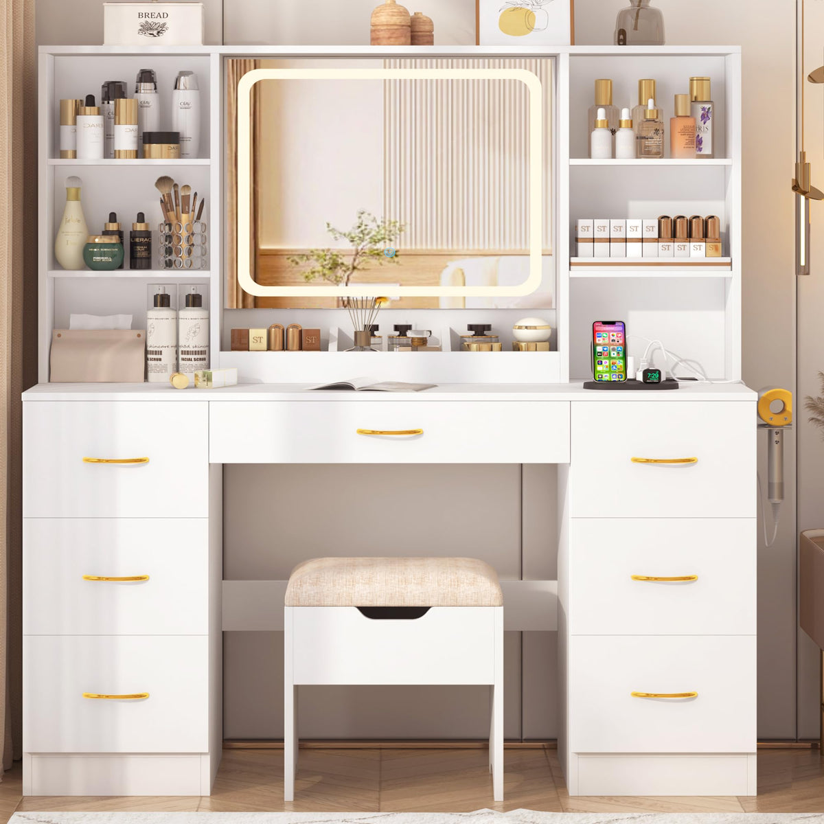 White 47" Makeup Vanity Desk with LED Mirror, Stool & 7 Drawers O321547