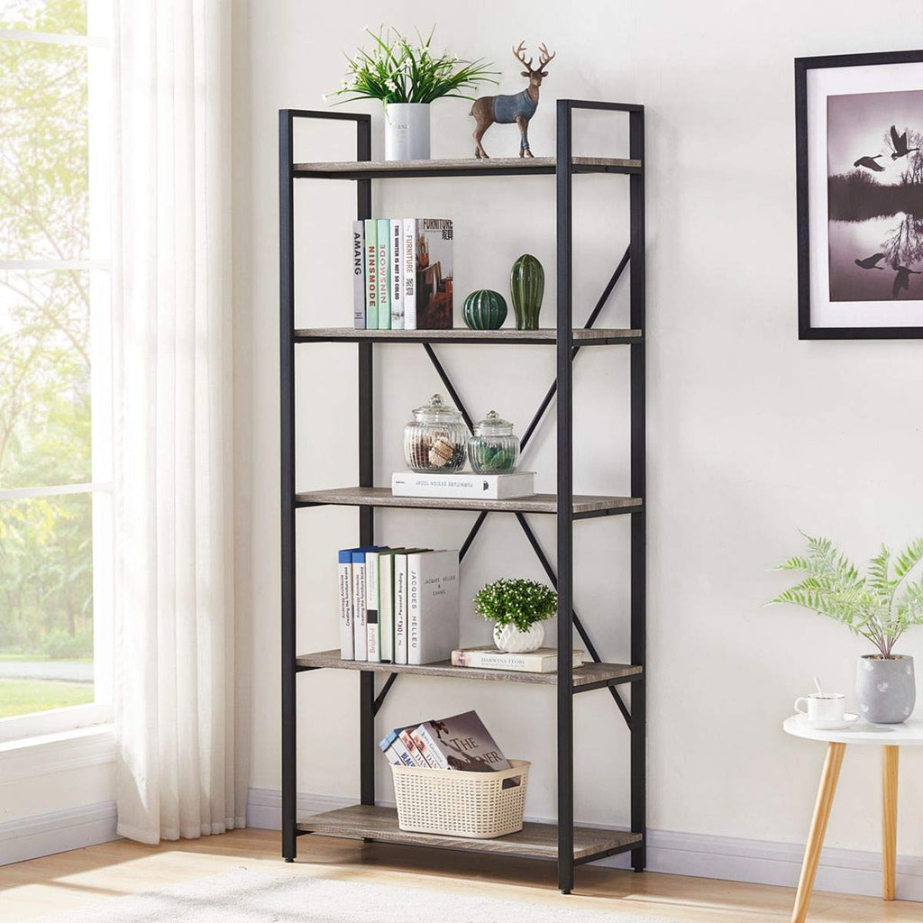 5 Tier Grey Wood and Metal Bookshelf N512