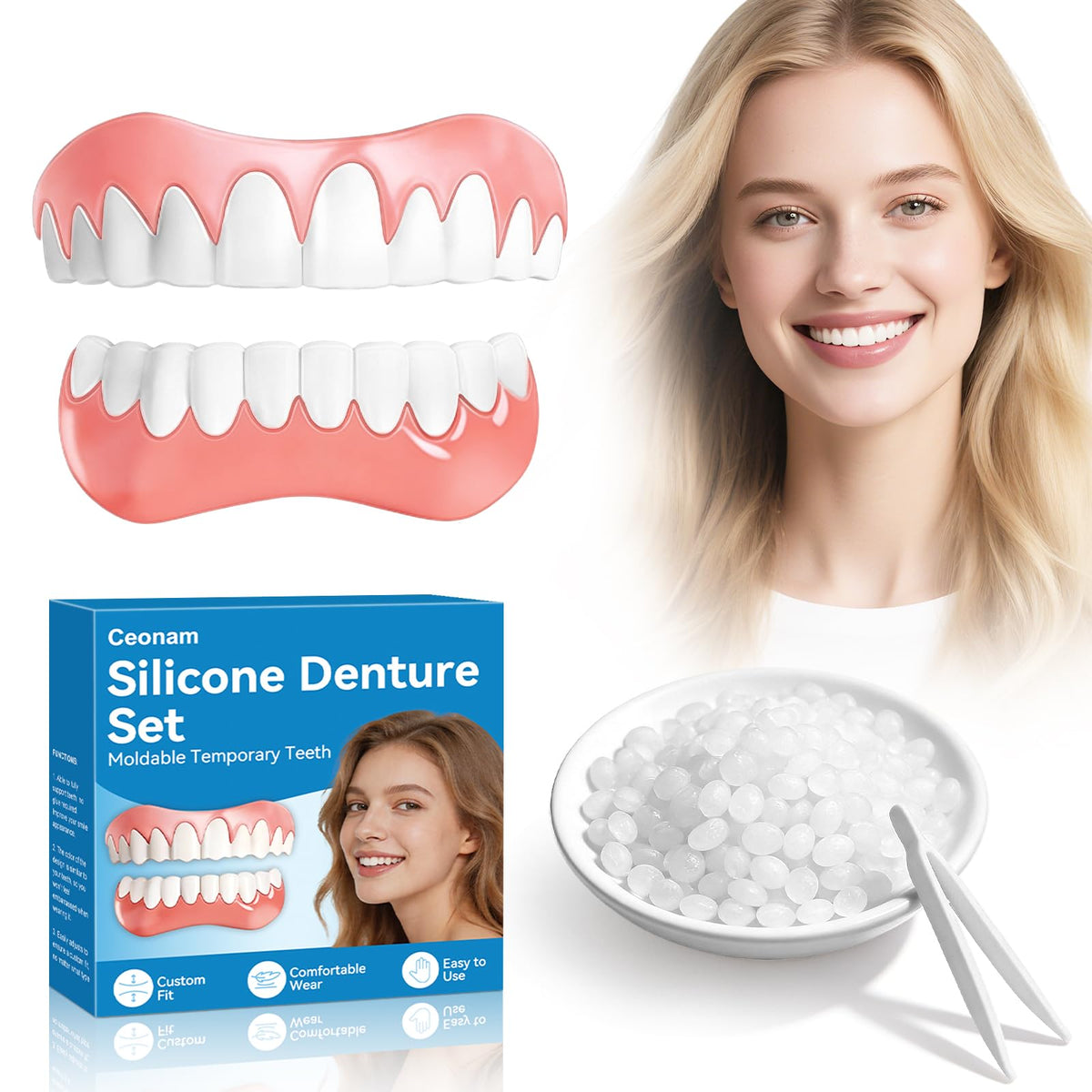 Moldable False Teeth Dentures Set with Dental Adhesive Beads J58907