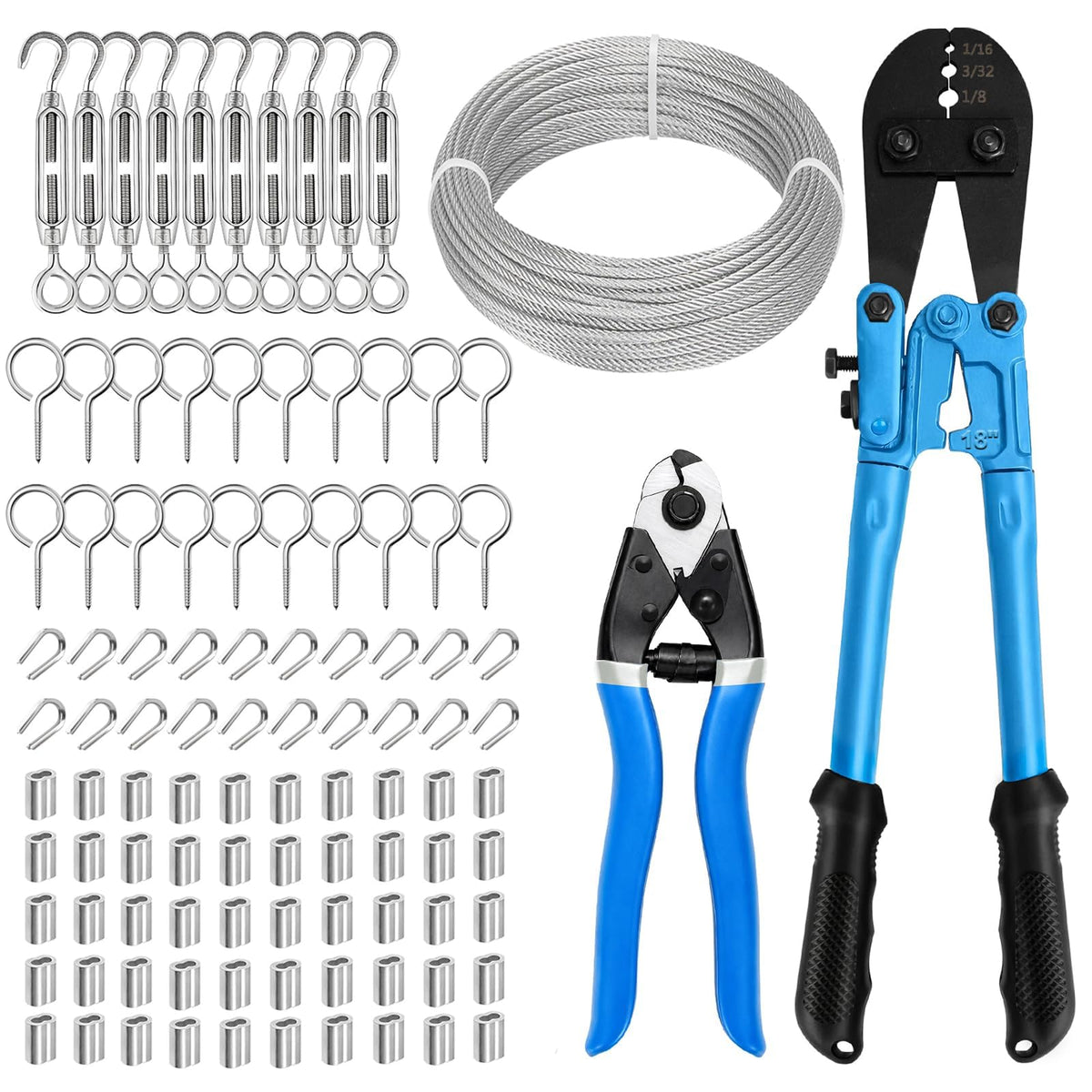 1/8 Wire Rope Kit, 100ft Stainless Steel Cable with Crimping Tool & Cutter M961