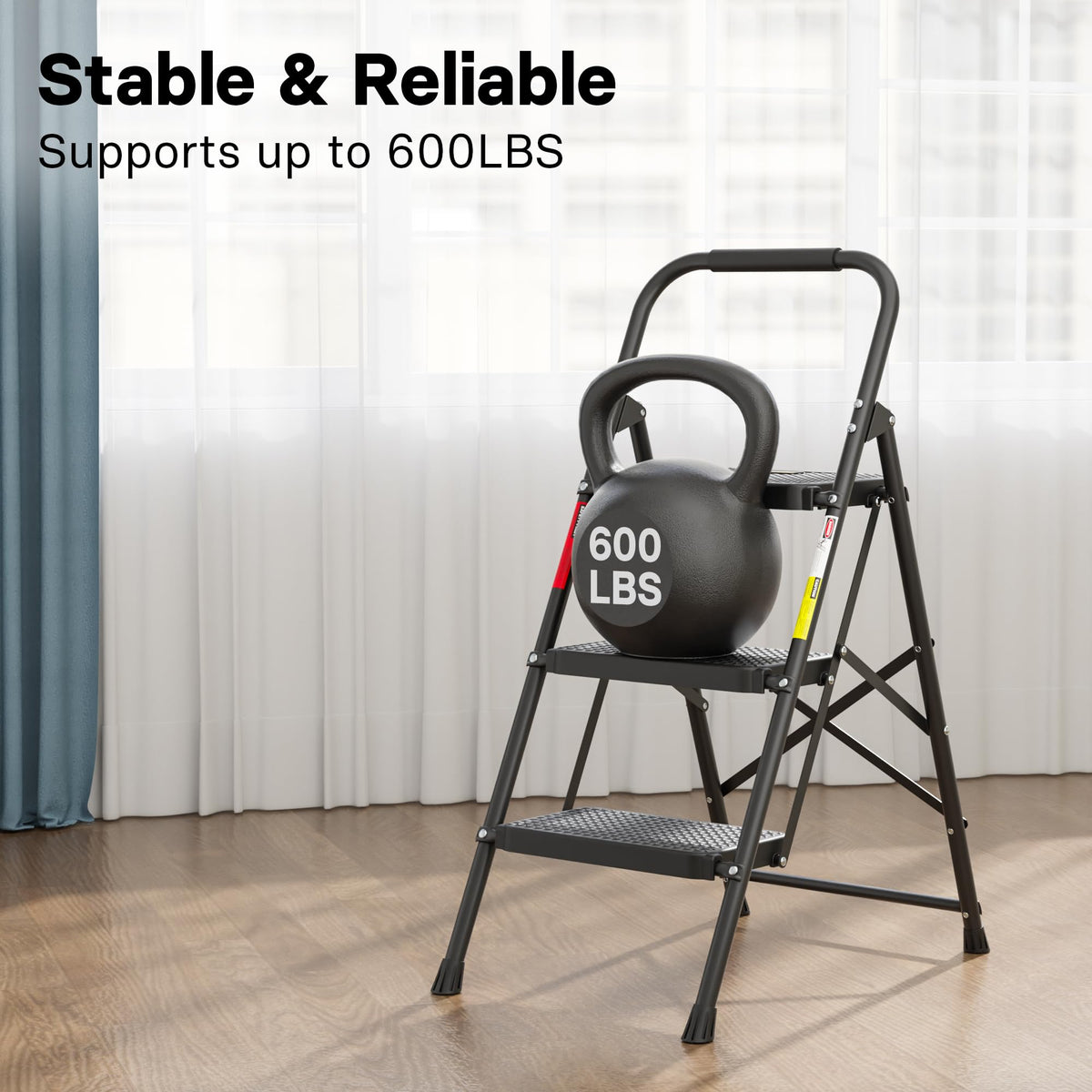 Folding Step Stool 600lbs Max Load Capacity Black S3497