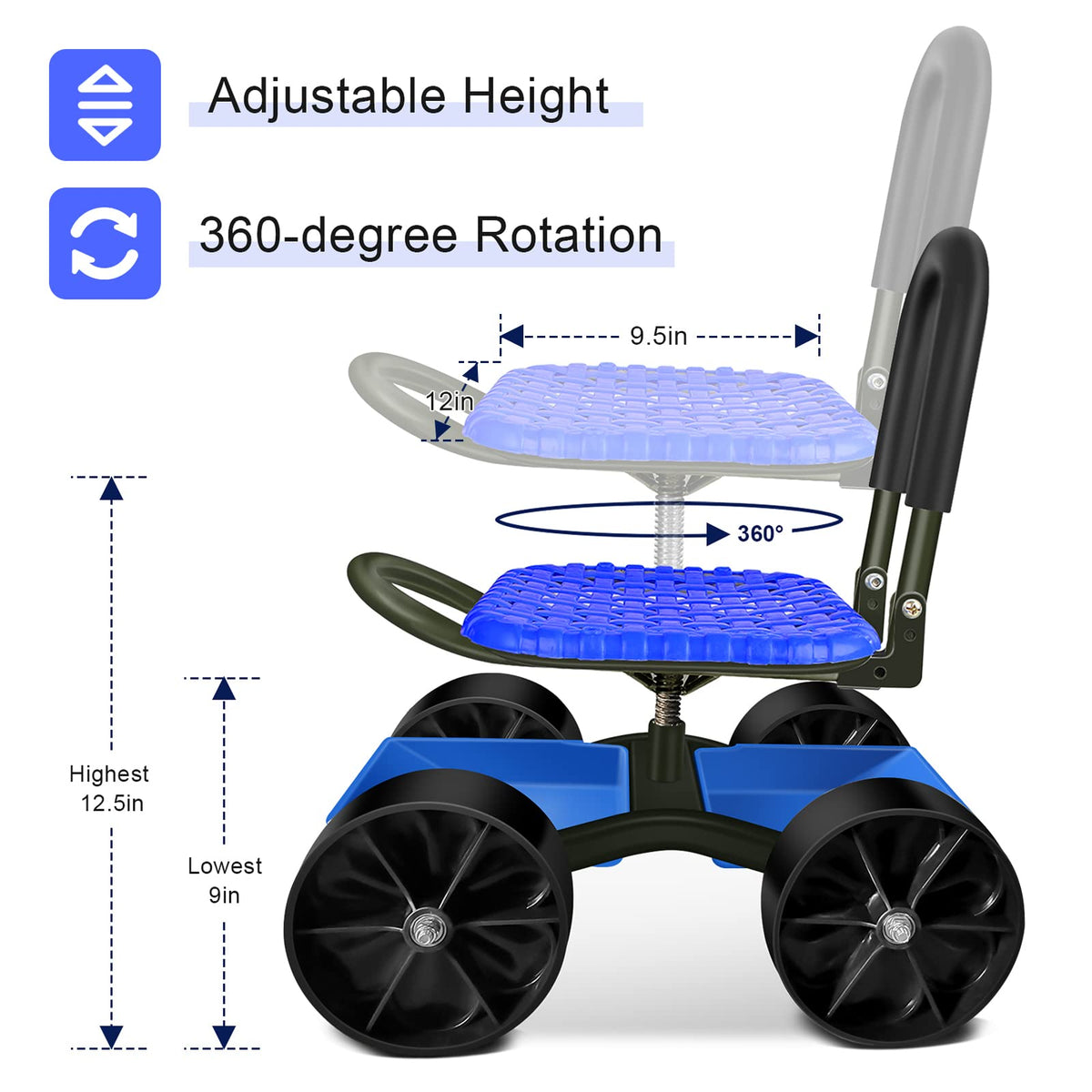 Blue Rolling Garden Cart with Four Wheels and Tool Bag E9801