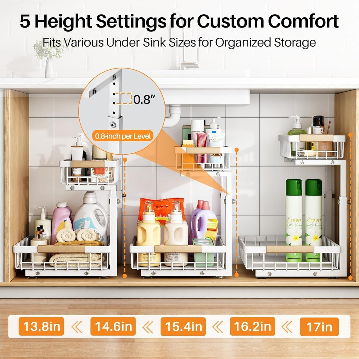 Adjustable 2 Tier Pull Out Under Sink Organizer, White, 2 Pack Y364904