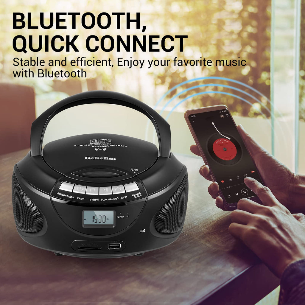 Portable CD Boombox with AM/FM Radio, Bluetooth, USB, SD Card, LCD Display, Black D933148