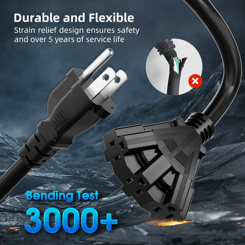 100 FT 3 Outlet Outdoor Extension Cord Waterproof 16/3 SJTW Black Y56263