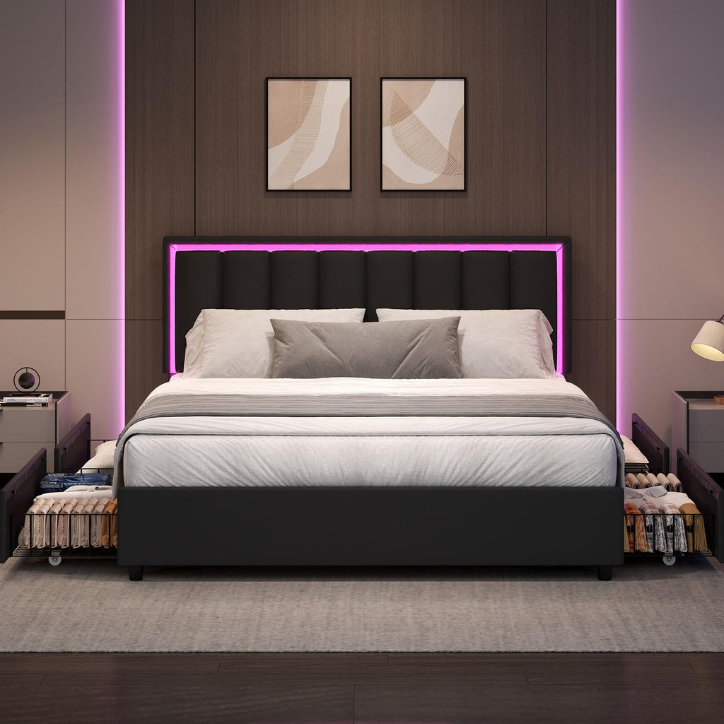Black Full Size Upholstered Bed Frame with 4 Drawers and LED Lights Q54159