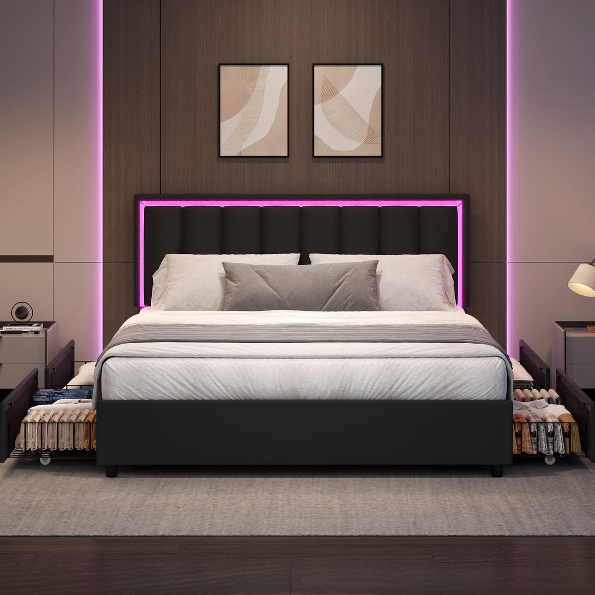 Black Full Size Upholstered Bed Frame with 4 Drawers and LED Lights Q54159