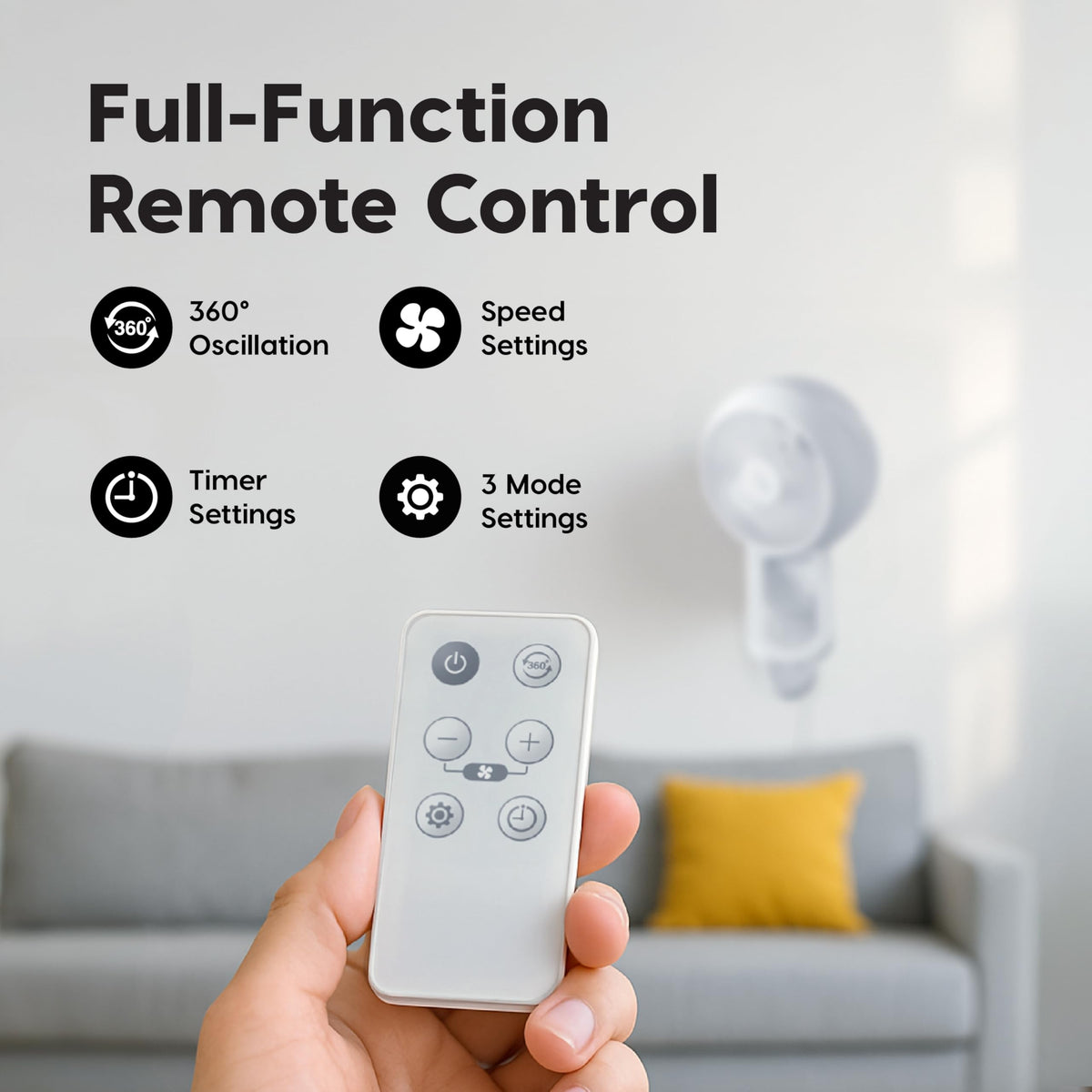 Wall Mount Fan with Remote, 360° Oscillation, 3 Speeds, White V139