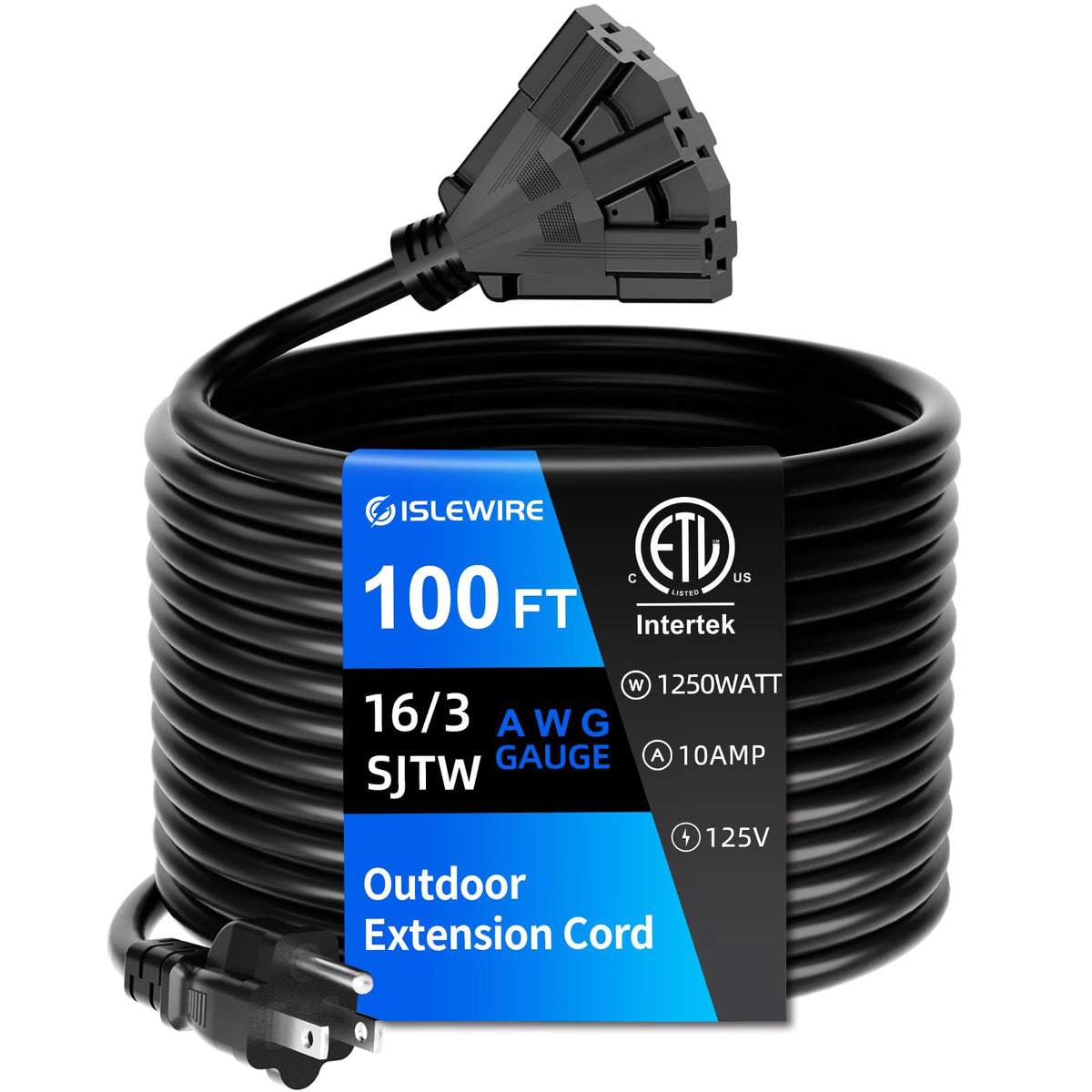100 FT 3 Outlet Outdoor Extension Cord Waterproof 16/3 SJTW Black Y56263